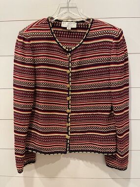 St. John Vintage Santana Striped Knit Cardigan in Red, Black & Gold Size Medium